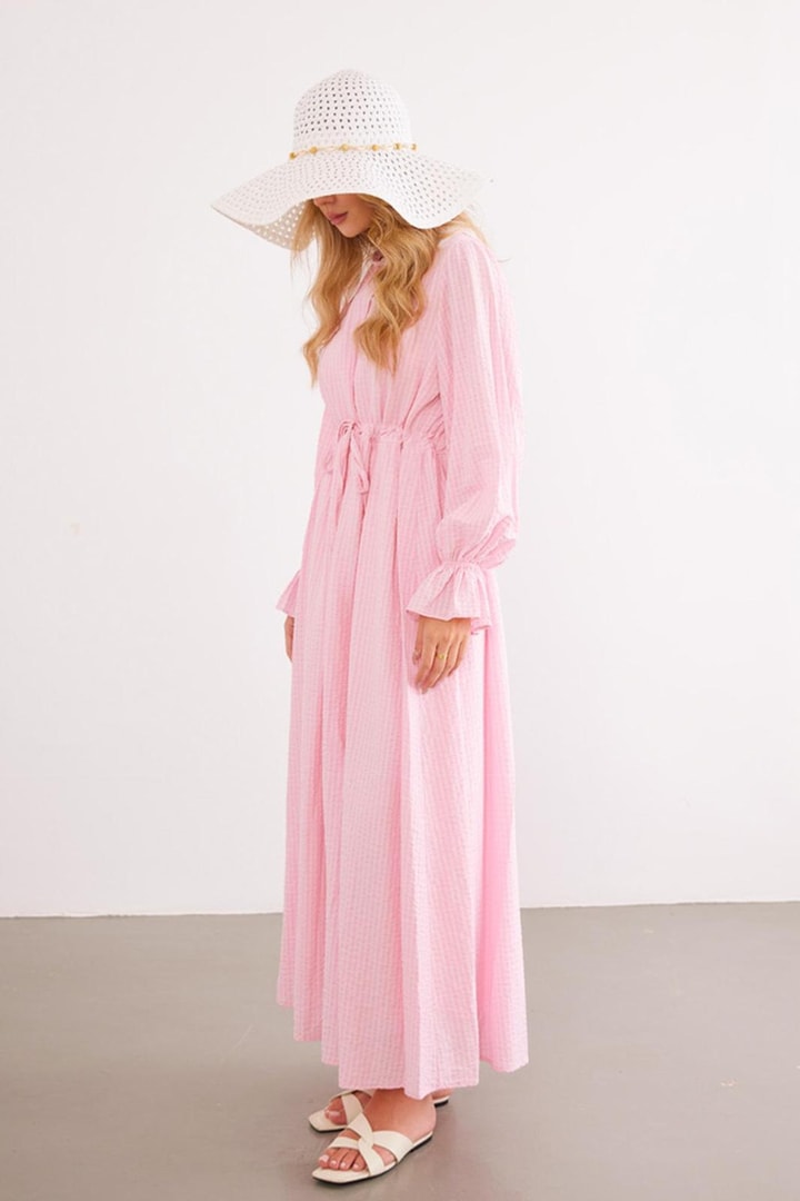 Oversize Yakası Dantel İşlemeli Elbise - Pembe