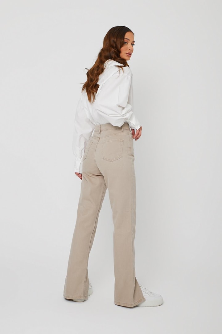 Paçası Yırtmaçlı Mom Jean - Bej