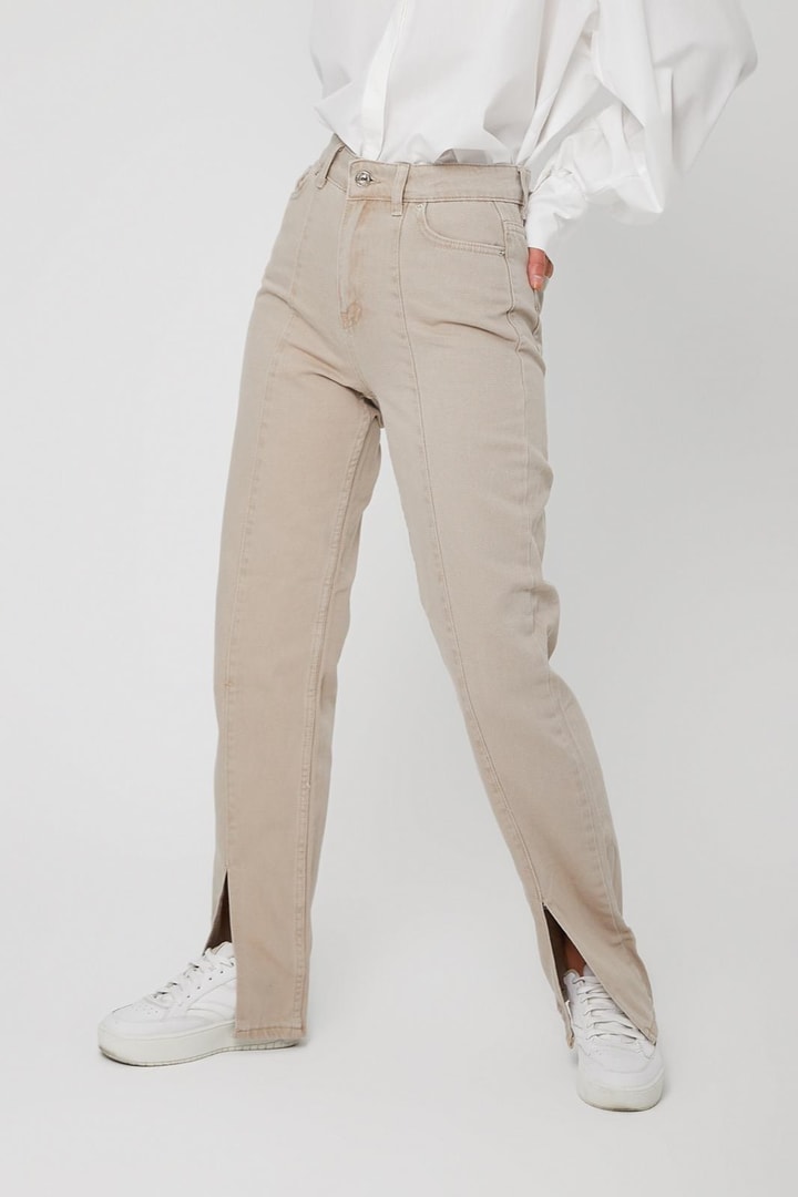 Paçası Yırtmaçlı Mom Jean - Bej