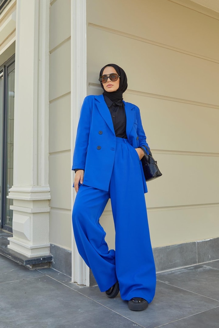 Palazzo Blazer Ceket Takım - saks mavisi