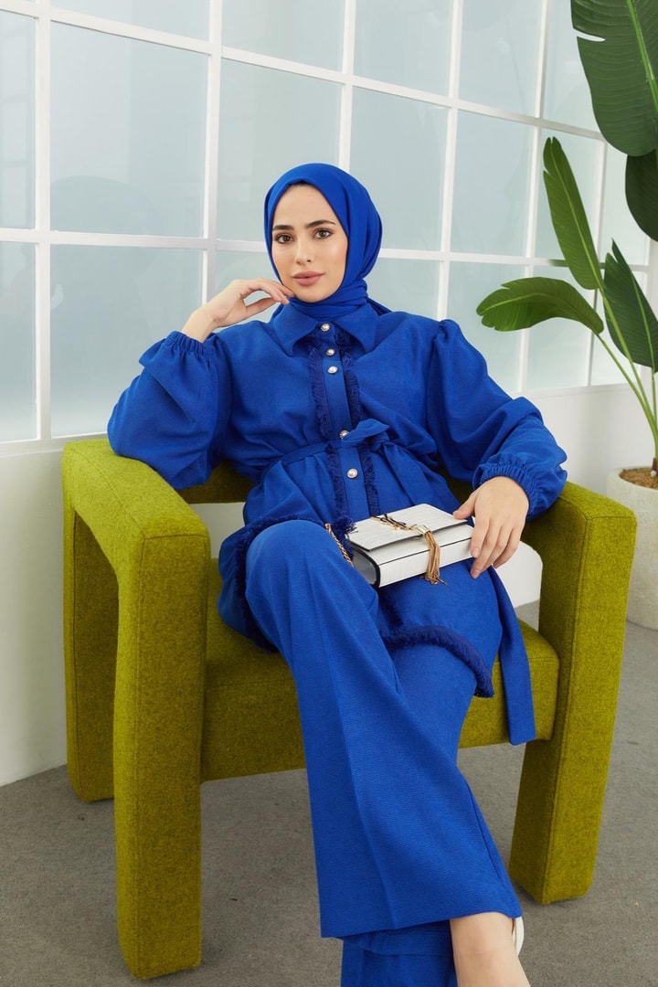 Parla İnci Düğme Detaylı Püsküllü Takım - saks mavisi