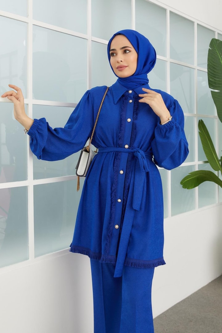 Parla İnci Düğme Detaylı Püsküllü Takım - saks mavisi