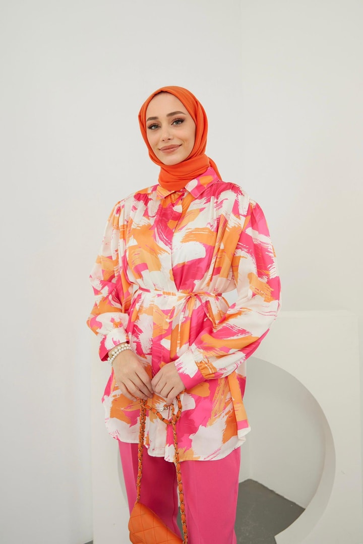 Pastel Saten Desenli Gömlek - Fuşya