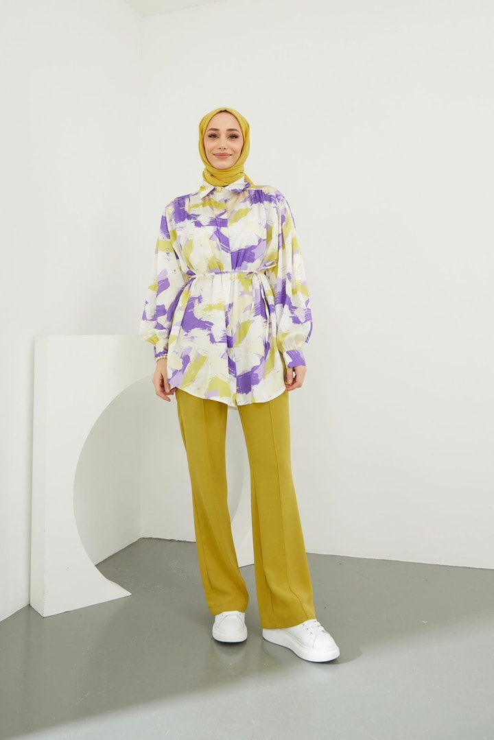 Pastel Saten Desenli Gömlek - Lila