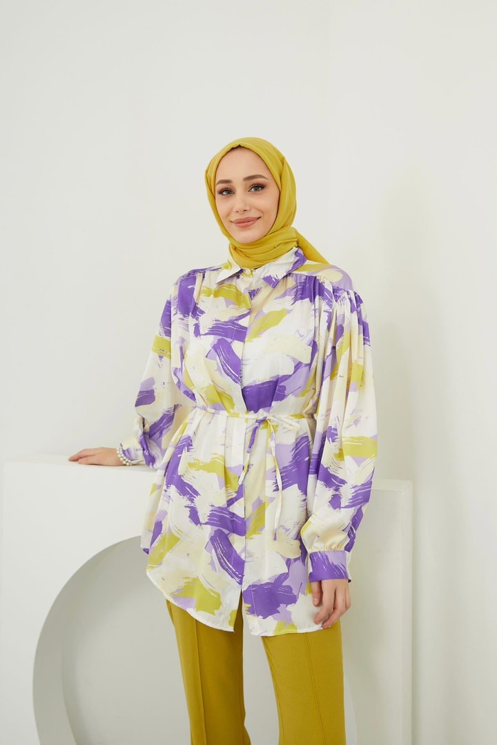 Pastel Saten Desenli Gömlek - Lila