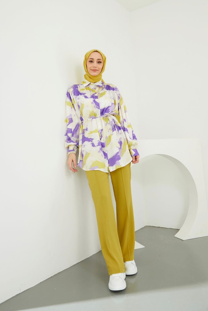 Pastel Saten Desenli Gömlek - Lila