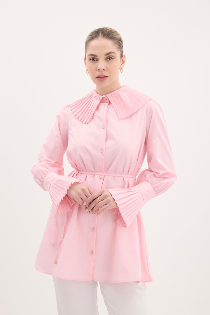 Pella Piliseli Kol ve Yaka Detaylı Poplin Gömlek - Pembe