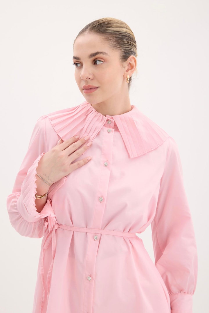 Pella Piliseli Kol ve Yaka Detaylı Poplin Gömlek - Pembe