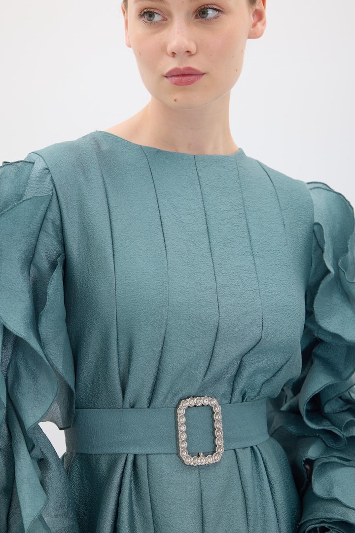 Pellyna Fırfır Detaylı Davet Elbise - Mint