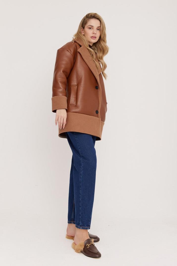 Peluş Deri Ceket - Camel