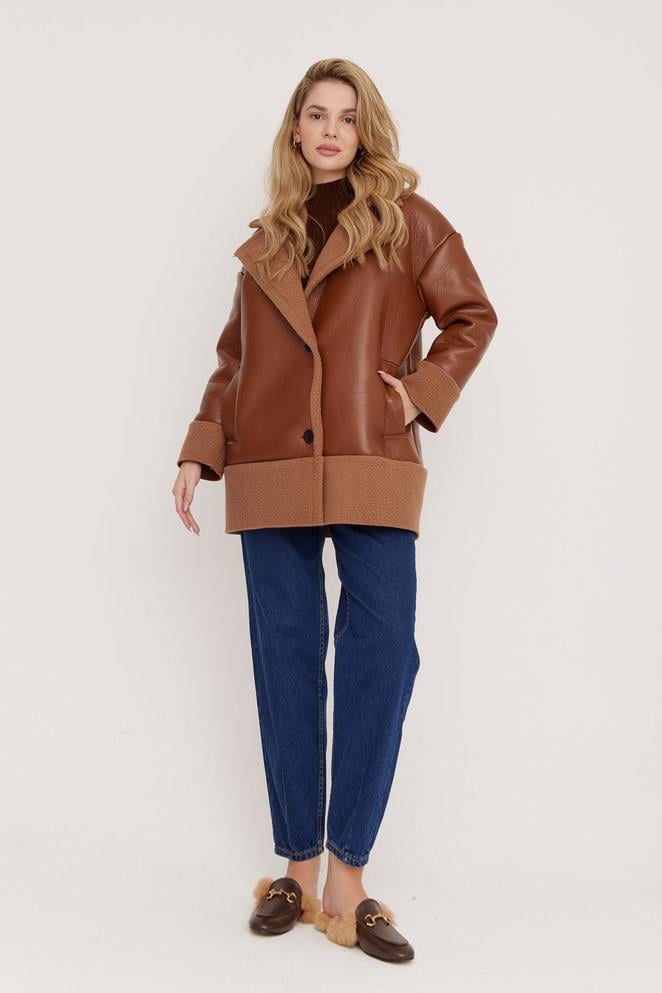 Peluş Deri Ceket - Camel