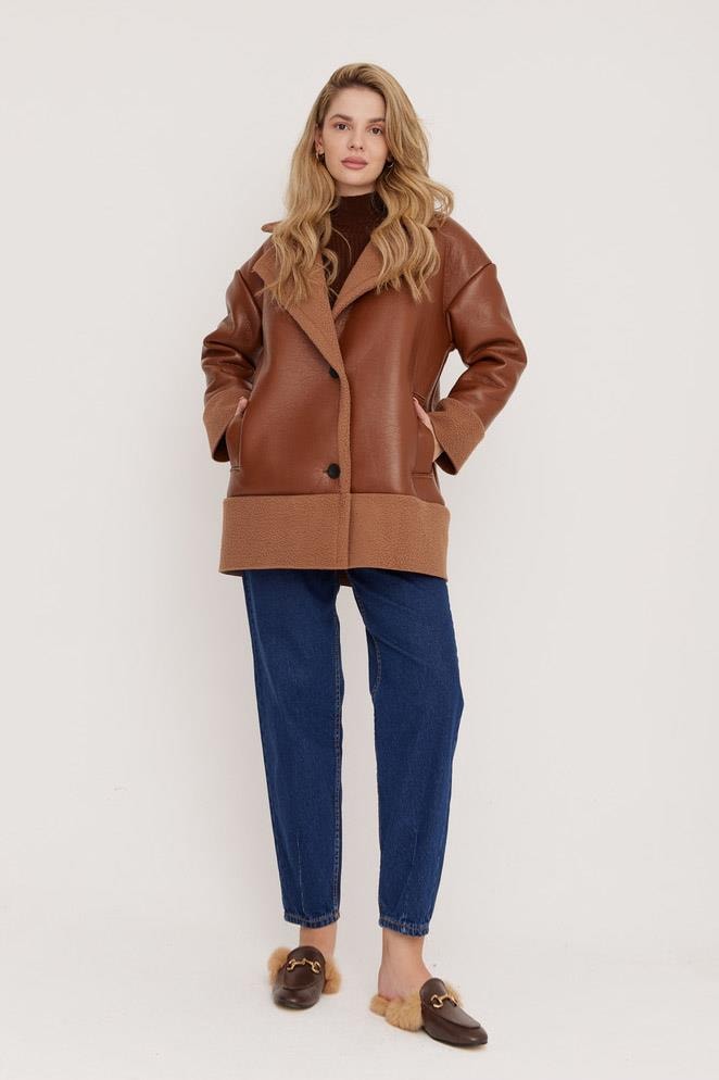 Peluş Deri Ceket - Camel