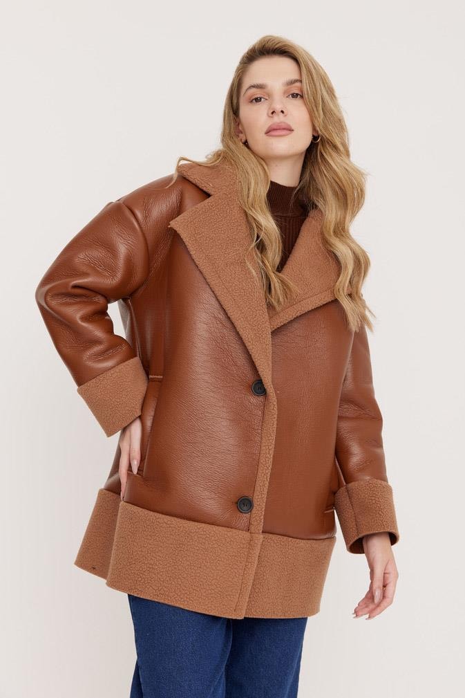 Peluş Deri Ceket - Camel