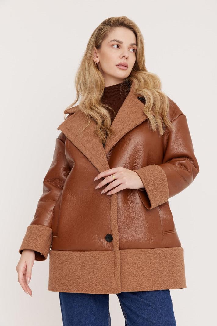 Peluş Deri Ceket - Camel