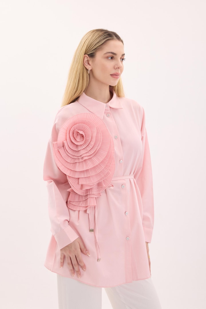 Pena Çiçek Aksesuarlı Poplin Gömlek - Pembe Pembe