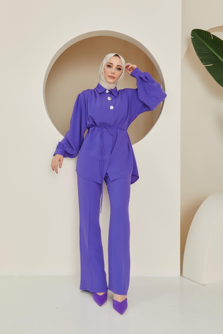 Perle Aksesuarlı Krep Takım - Lila