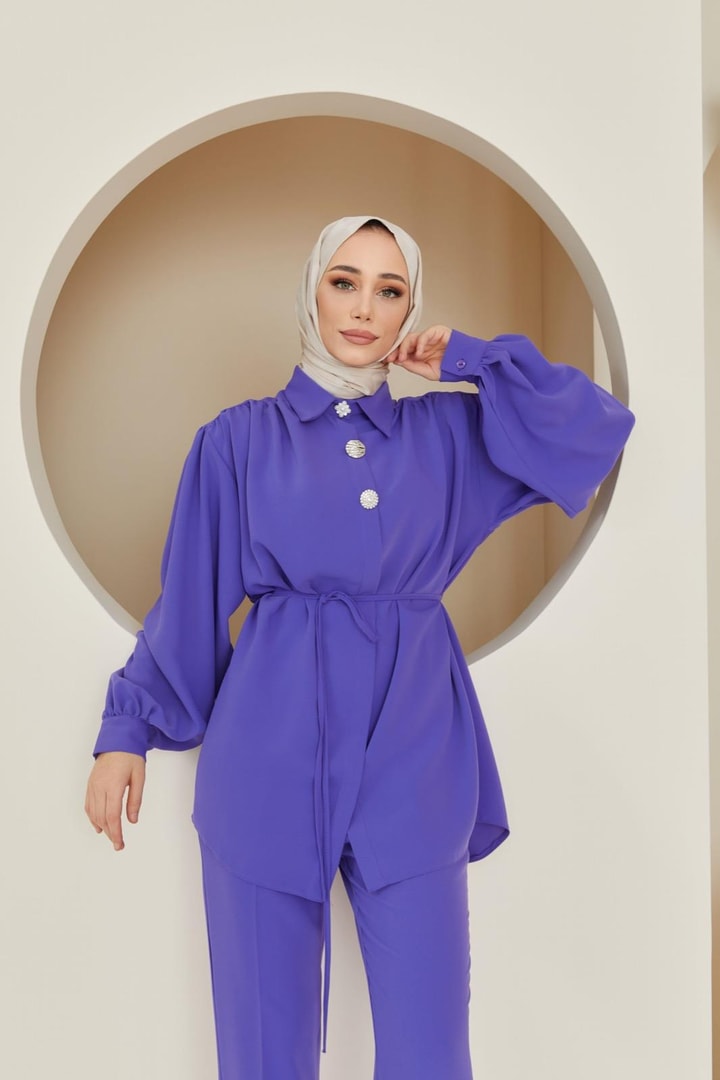 Perle Aksesuarlı Krep Takım - Lila