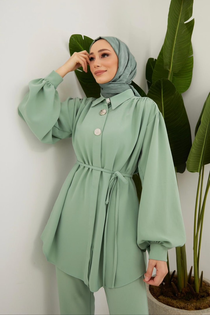 Perle Aksesuarlı Krep Takım - Mint