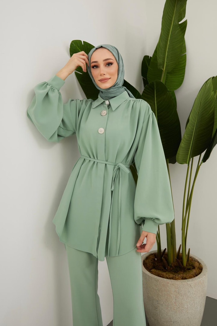 Perle Aksesuarlı Krep Takım - Mint