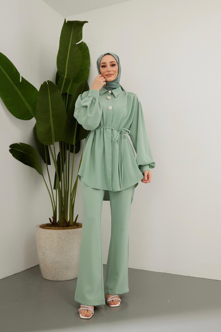 Perle Aksesuarlı Krep Takım - Mint
