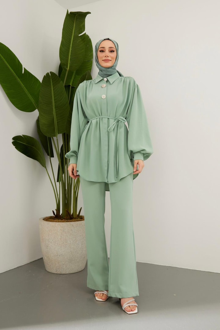 Perle Aksesuarlı Krep Takım - Mint