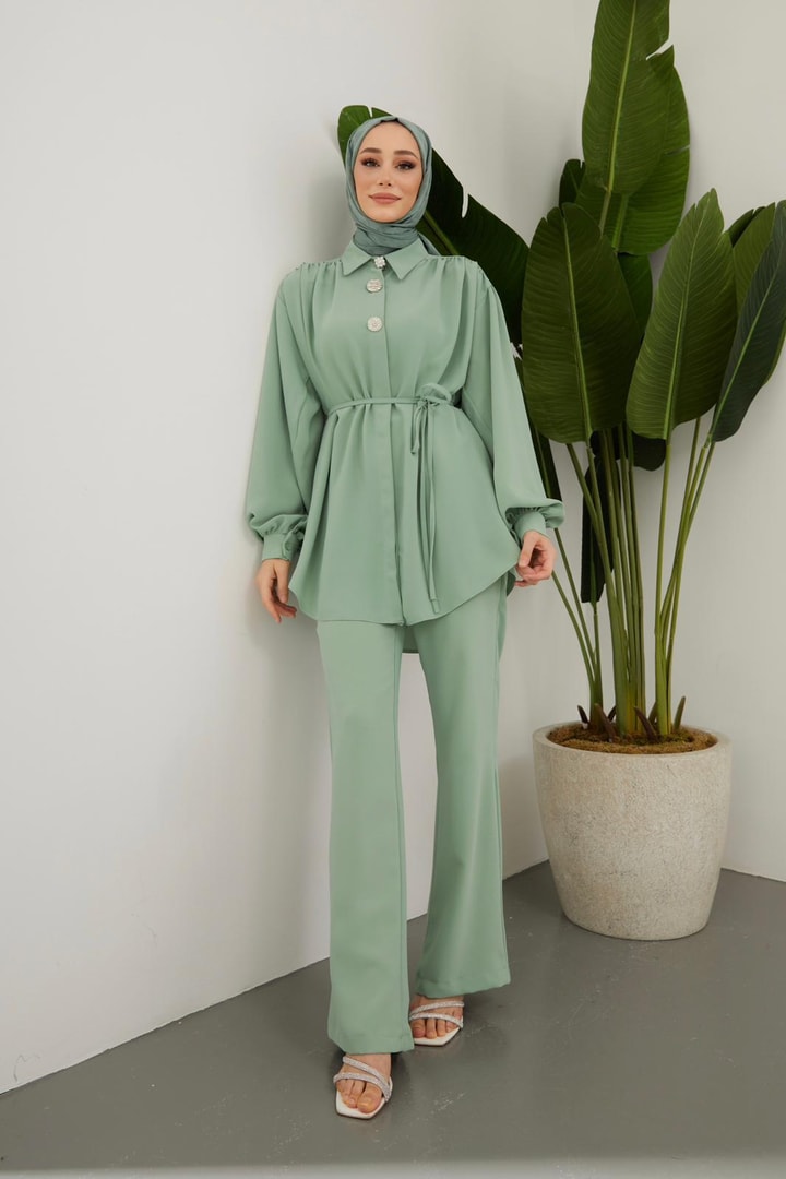 Perle Aksesuarlı Krep Takım - Mint