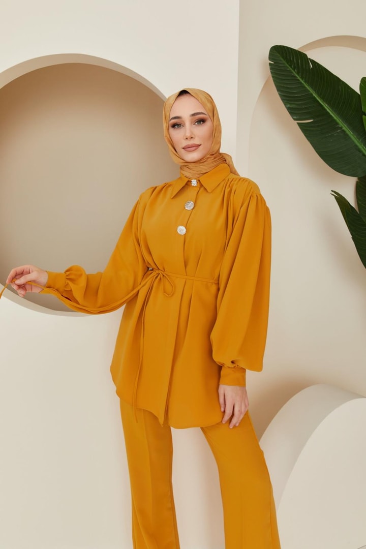 Perle Aksesuarlı Krep Takım - Oranj