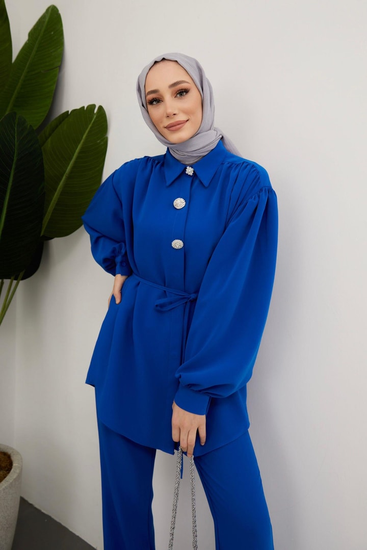Perle Aksesuarlı Krep Takım - saks mavisi
