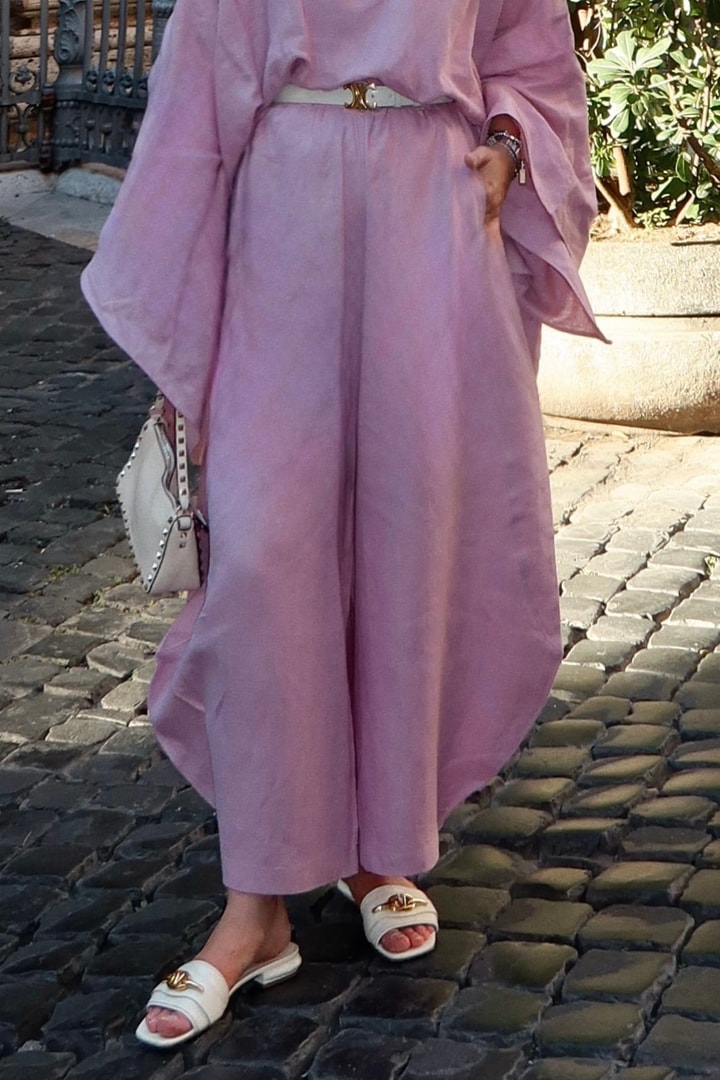 Pileli Bol Paça Rahat Kalıp Keten Pantolon - Pembe
