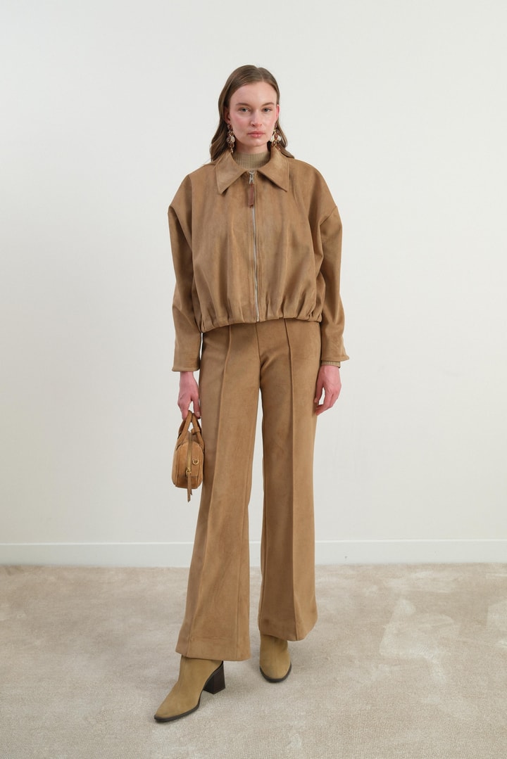 Pileli Süet Ceket - Camel