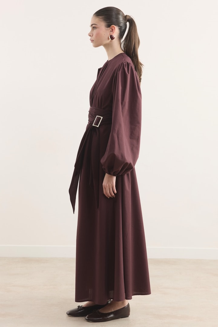 Pilise Kemerli Dacron Elbise - Bordo