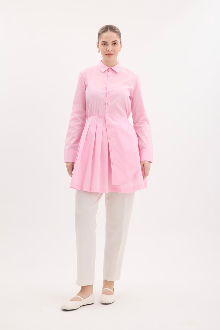 Piliseli Poplin Gömlek - Pembe