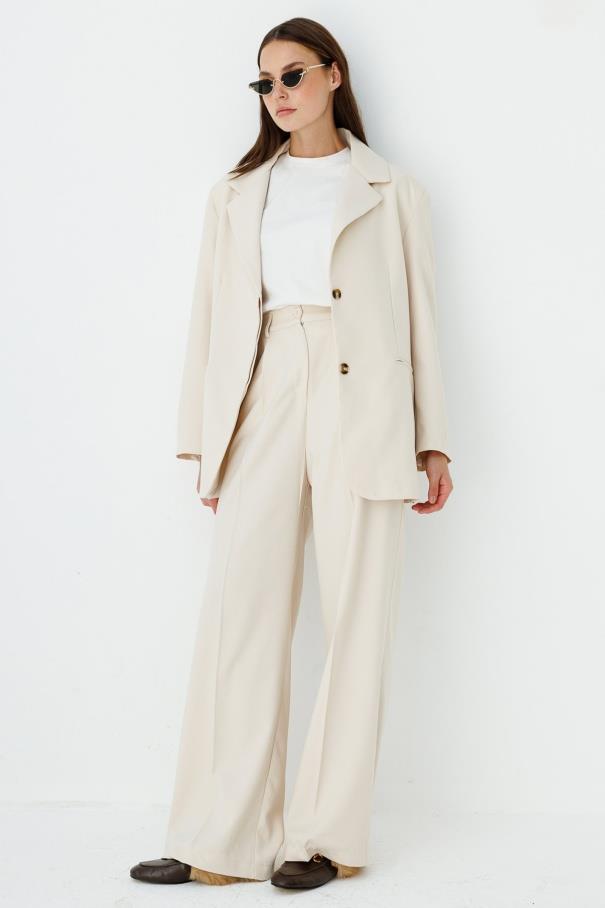 Premium Kemerli Blazer Ceket - Taş