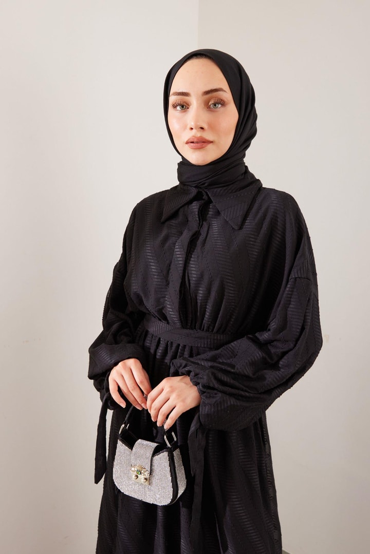 Prenses Çizgili Elbise - Siyah