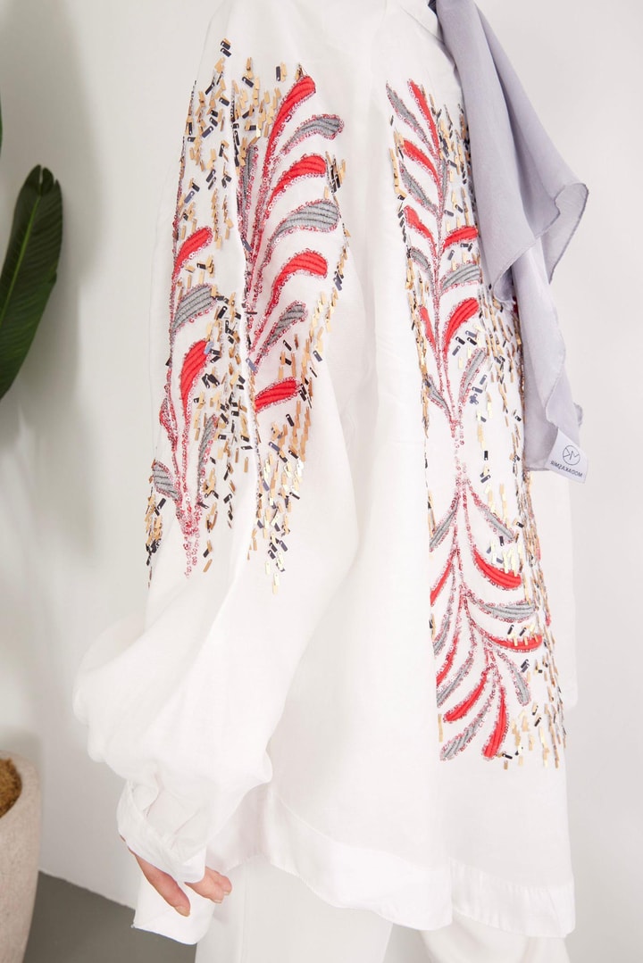 Pul İşlemeli Oversize Keten Kimono - Beyaz