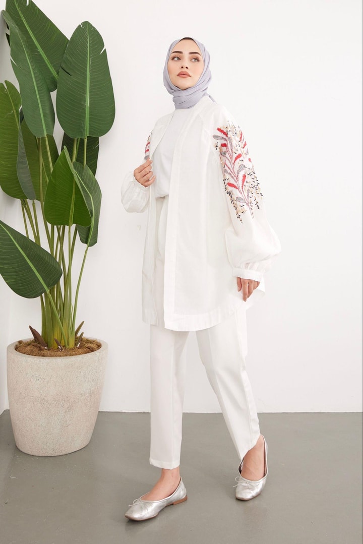 Pul İşlemeli Oversize Keten Kimono - Beyaz