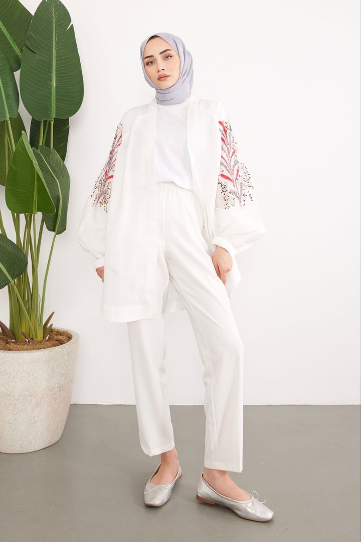 Pul İşlemeli Oversize Keten Kimono - Beyaz