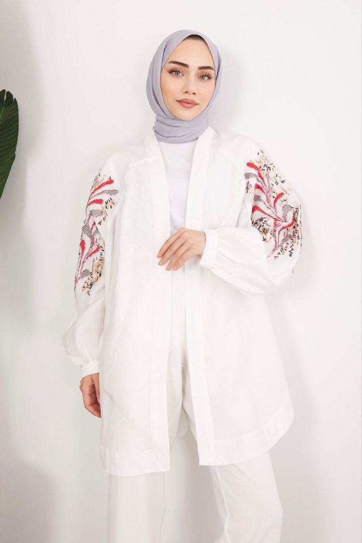 Pul İşlemeli Oversize Keten Kimono - Beyaz