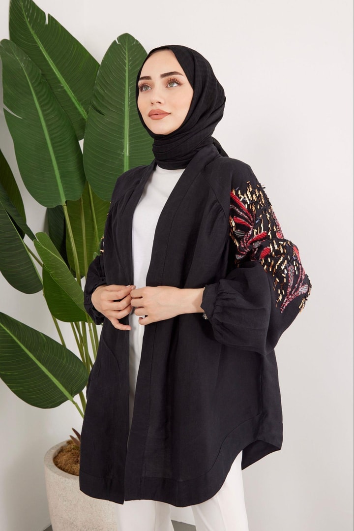 Pul İşlemeli Oversize Keten Kimono - Siyah