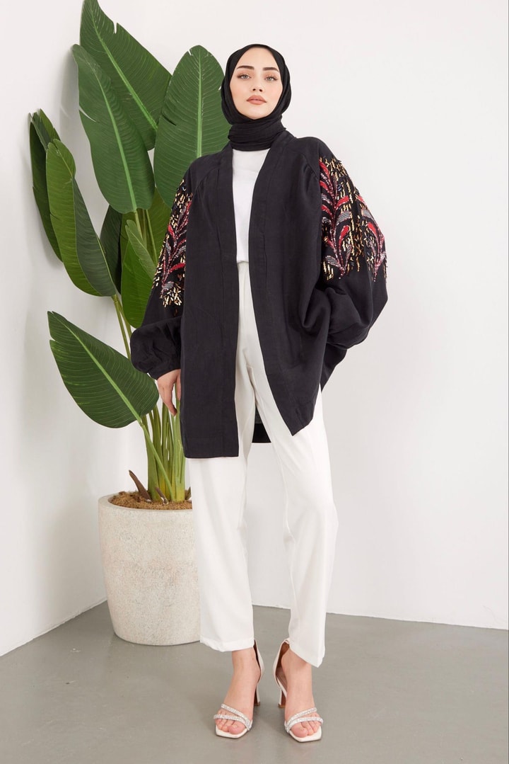 Pul İşlemeli Oversize Keten Kimono - Siyah