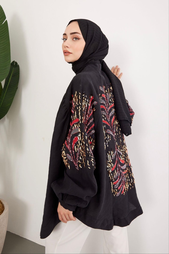 Pul İşlemeli Oversize Keten Kimono - Siyah