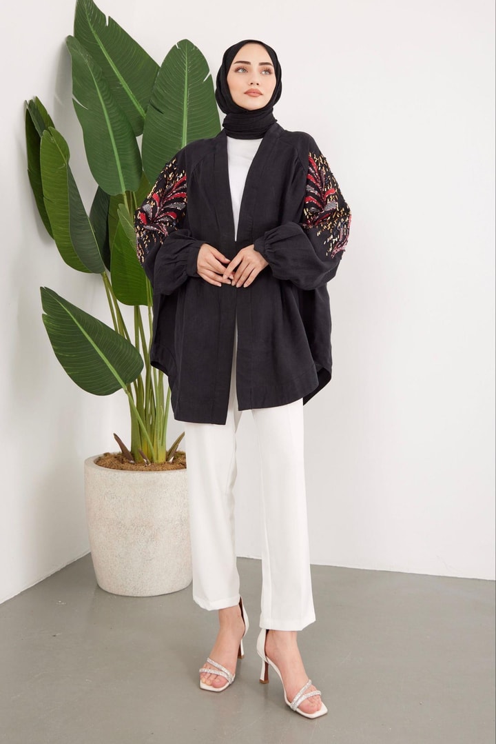 Pul İşlemeli Oversize Keten Kimono - Siyah