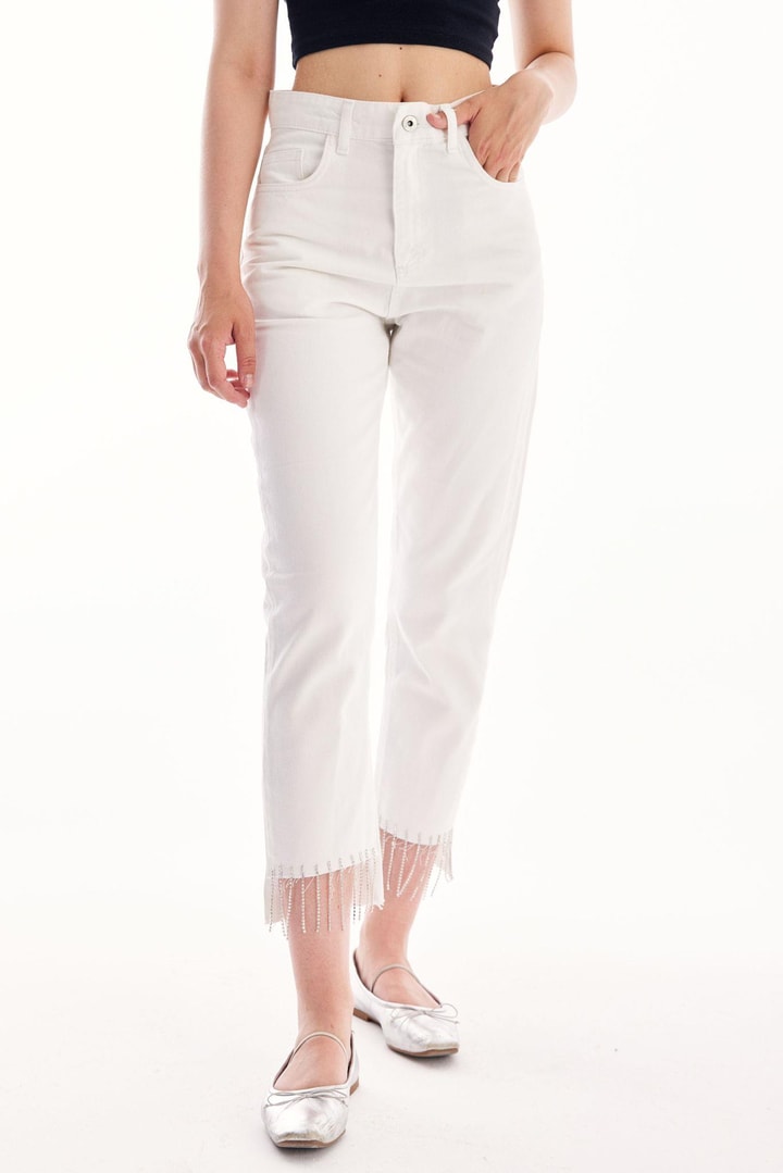 Püskül Detaylı Denim - Beyaz