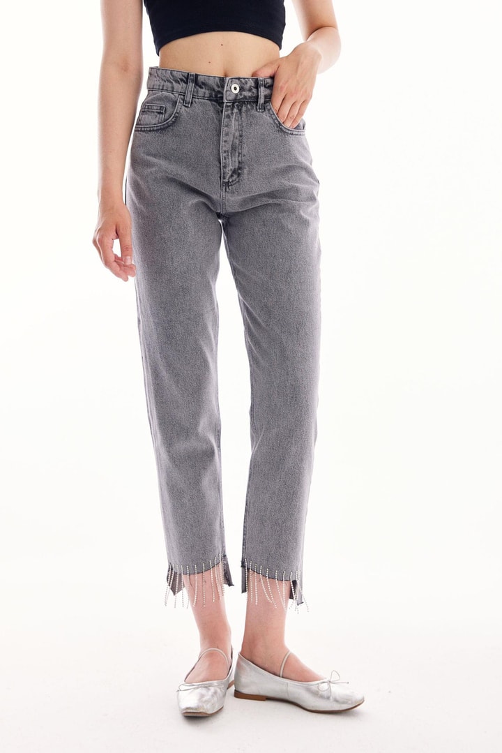 Püskül Detaylı Denim - Gri