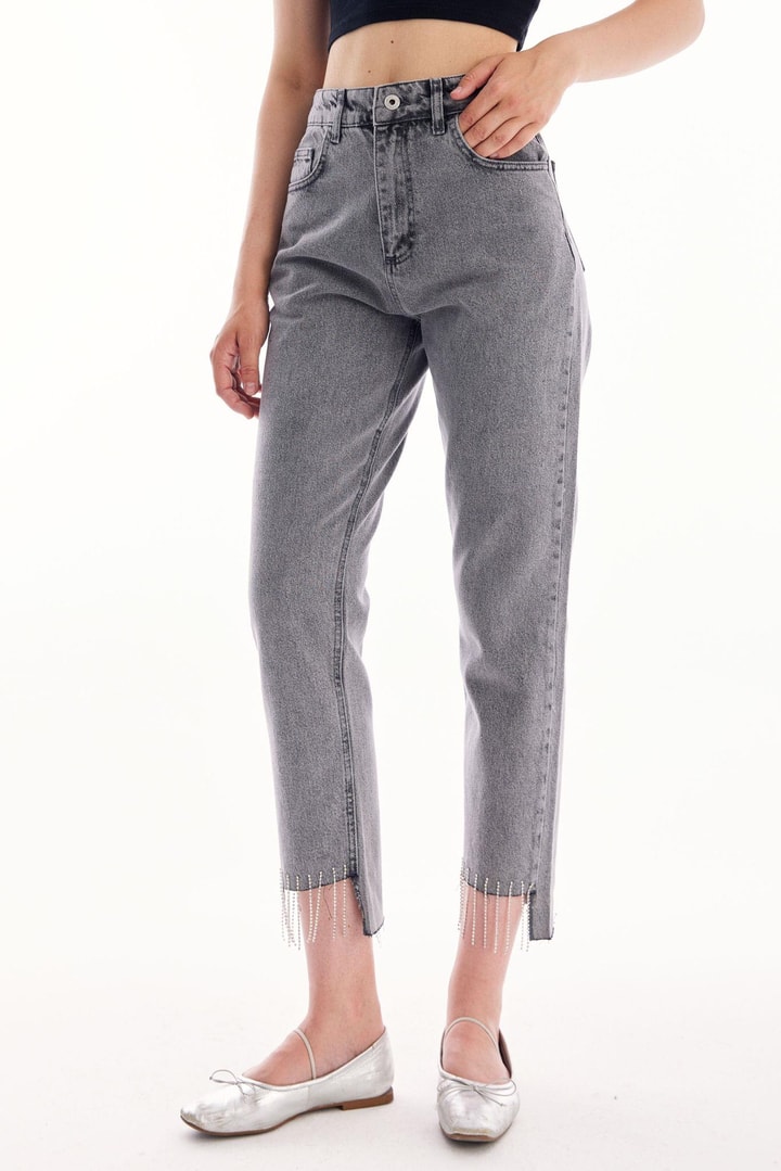 Püskül Detaylı Denim - Gri