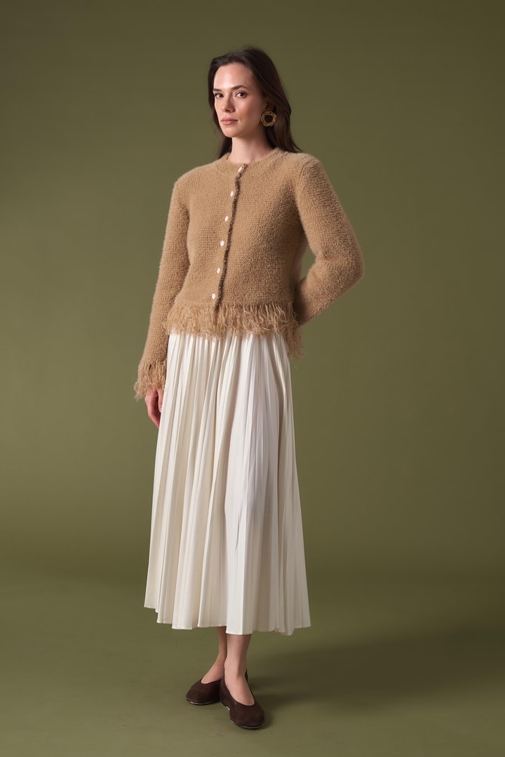 Püskül Detaylı  Simli Triko Hırka - Camel