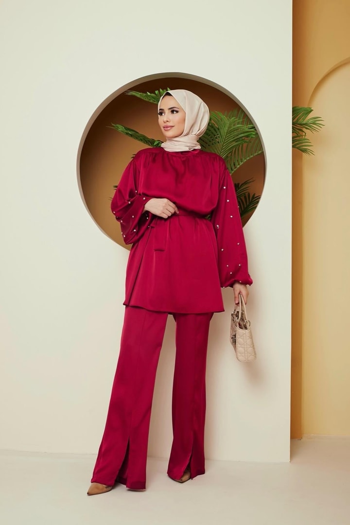 Rebeca Taşlı Saten Takım - Bordo