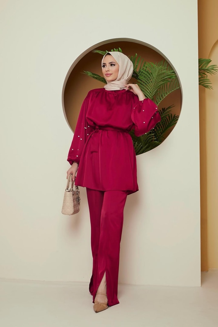 Rebeca Taşlı Saten Takım - Bordo