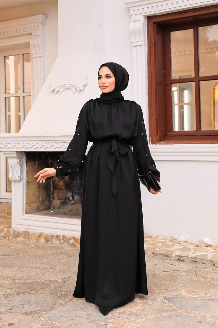 Rebella Saten Kolu Taşlı Abiye Elbise - Siyah