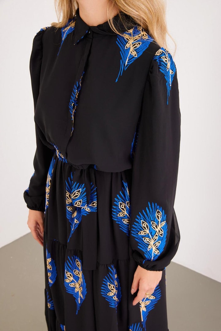 Rima Şifon Nakış Detaylı Elbise - saks mavisi